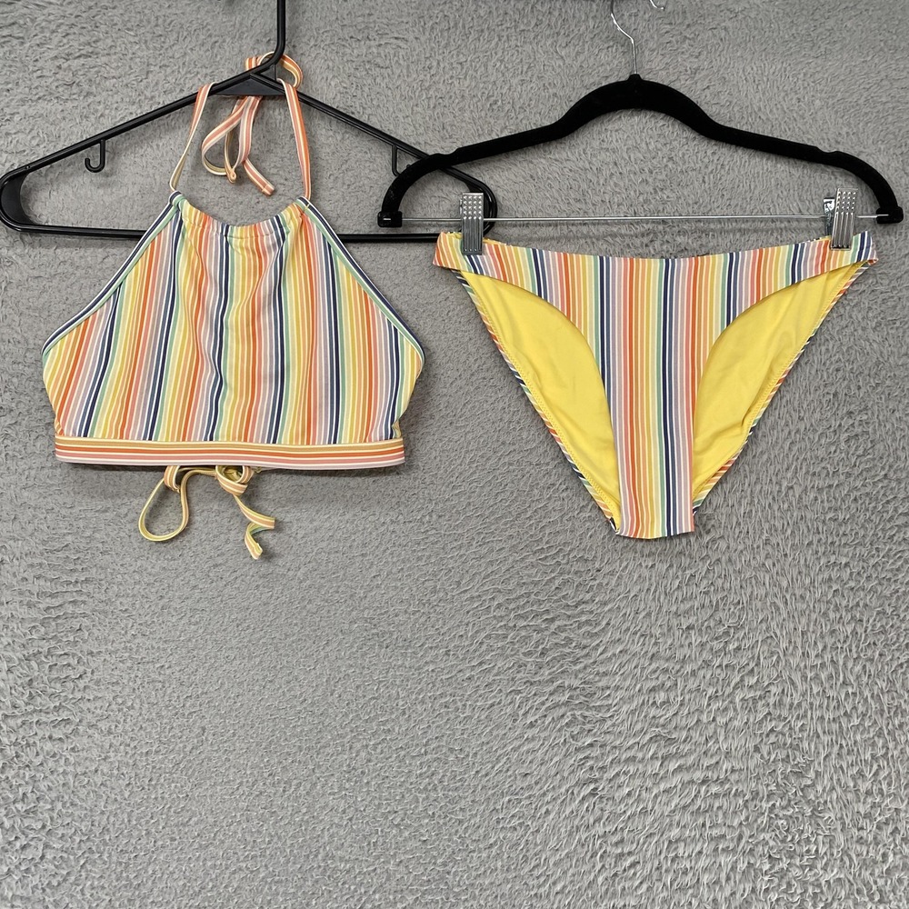 Marine Layer Bikini Set Womens XS Multicolor Rainbow Stripe Halter Top Swim